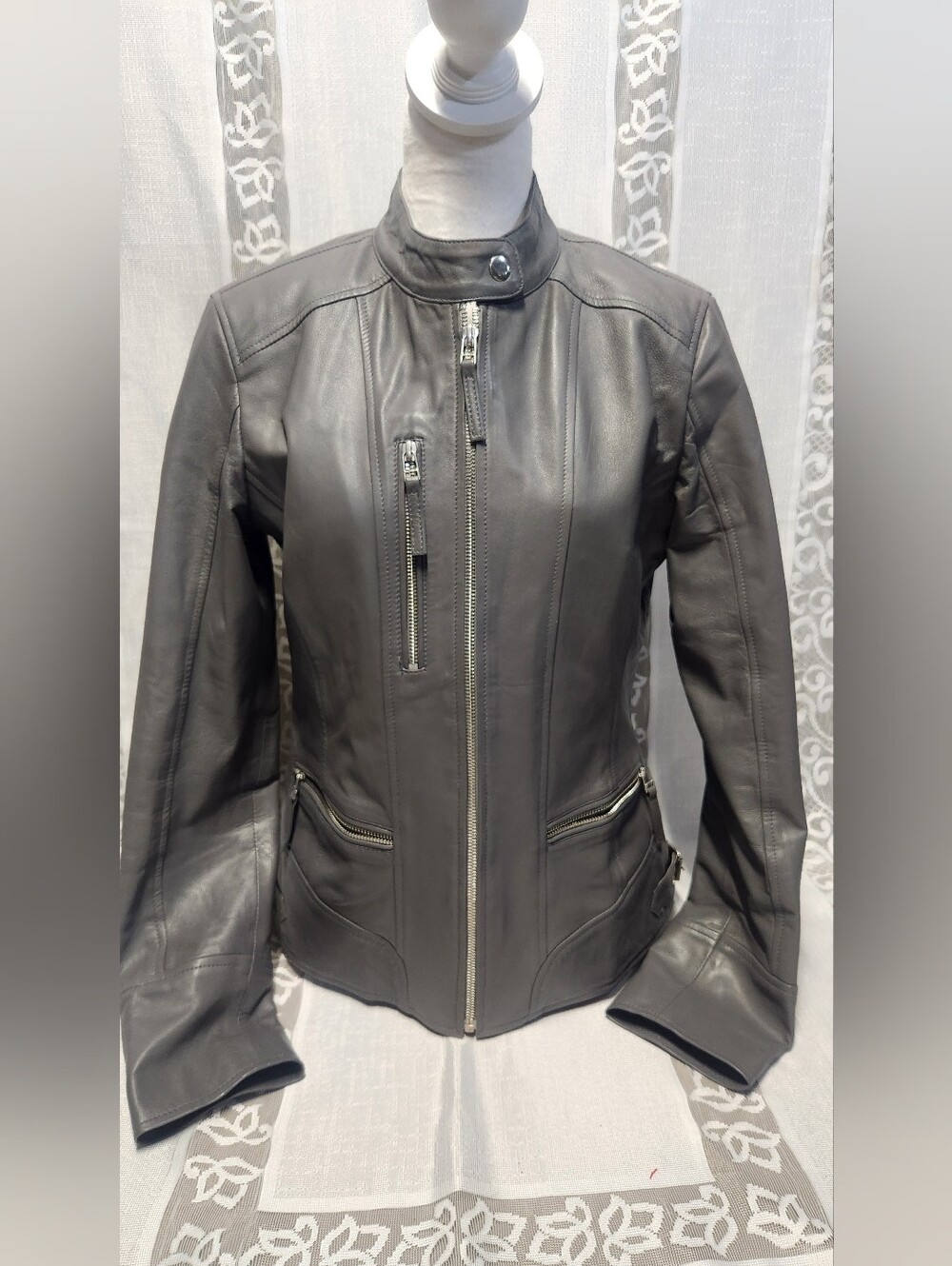 Kyzer Kraft Gray Genuine Lambskin Leather Moto Jacket Size Medium M